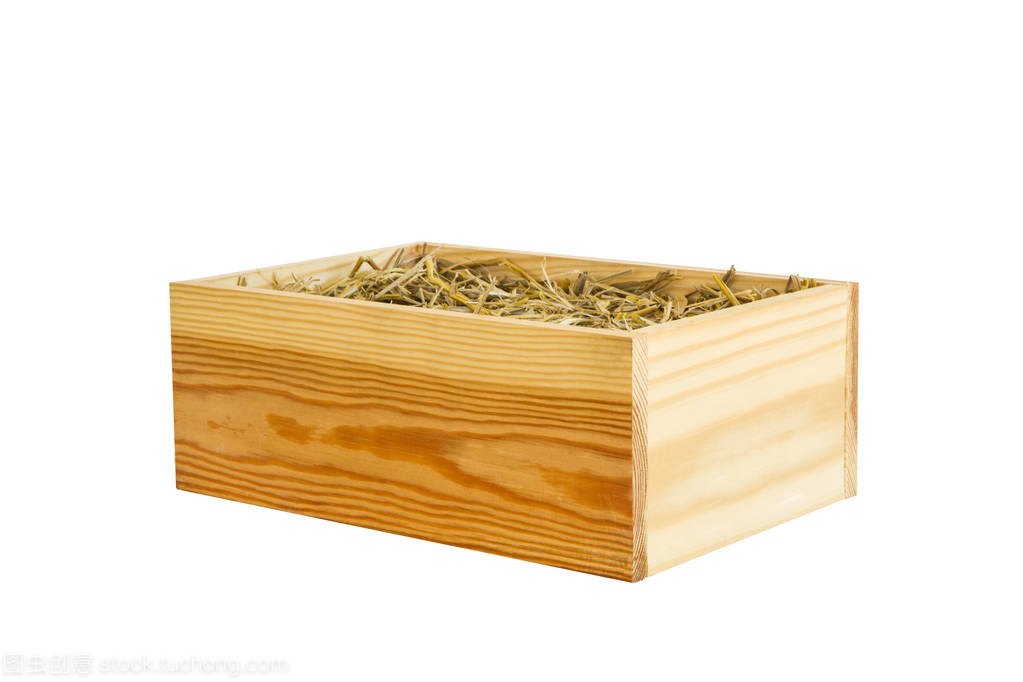 白色背景秸稈隔離木盒, 用于產品展示蒙太奇